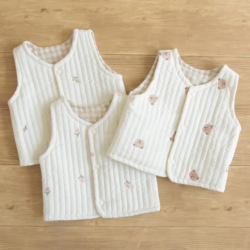 Double-sided Childen's Vest Baby Girl Winter Vest Thickened Baby Clothes Warm Waistcoat Embroidered 1-2 Years Old Cotton Coat