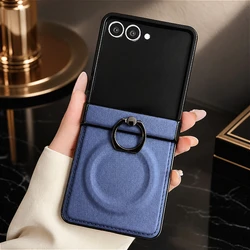 Premium Vegan Leather Magnetic Case with Ring - Luxury Hinge Cover - Galaxy Z Flip7 FE (Blue)