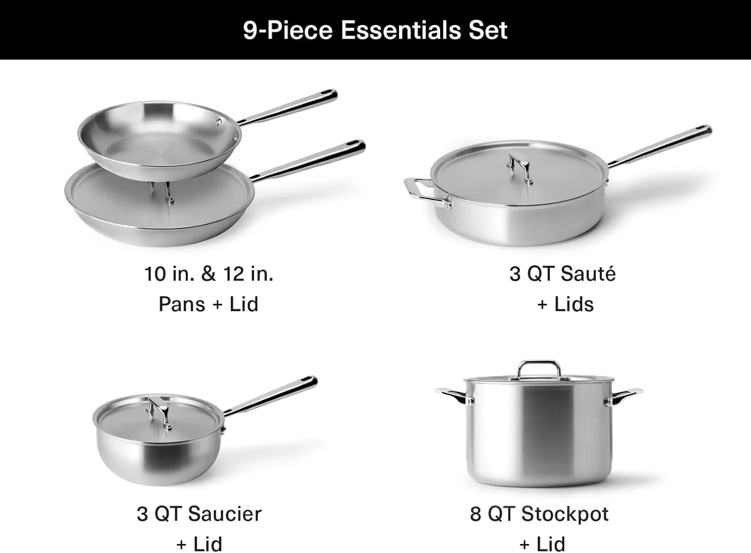 Stainless Steel Cookware Set: 3 QT Stainless Steel Saucier with Lid, 3 QT Saute Pan with Lid & 10" Frying Pan-Exce