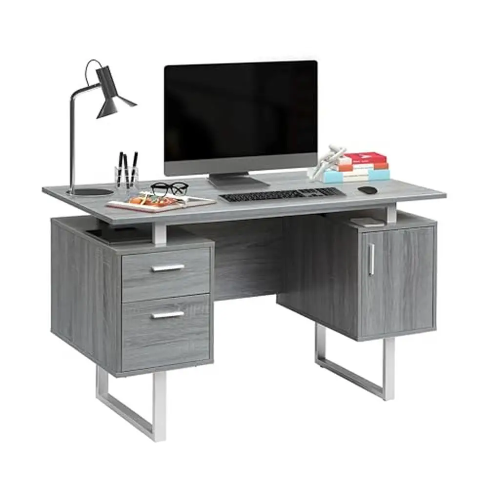 

Modern Grey Office Desk with Storage Compact Computer Desk with Filing Drawers Workday Organization Sleek Contemporary Design