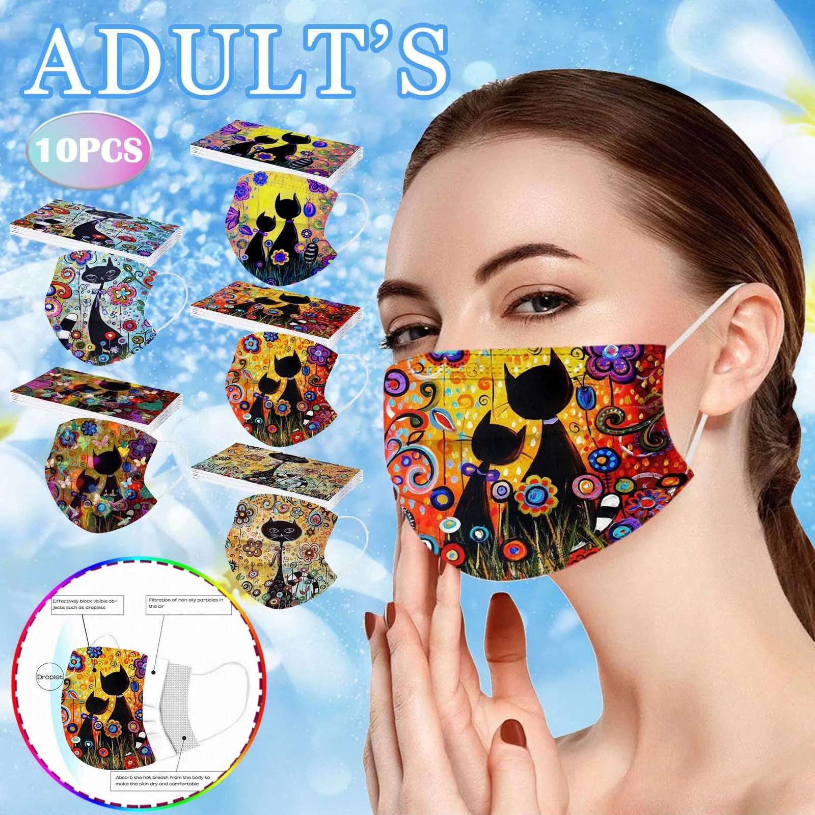 Disposable Face Mask 10PC Adult Flowers Cat Cartoons Printing Three-Layer Protective
