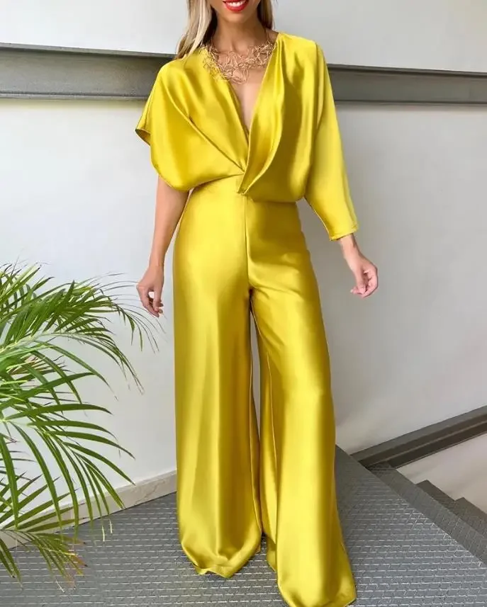 

Women Jumpsuit 2024 Spring Satin Asymmetrical Sleeve Wide Leg Jumpsuit Deep V-Neck High Waisted Backless Long Jumpsuit