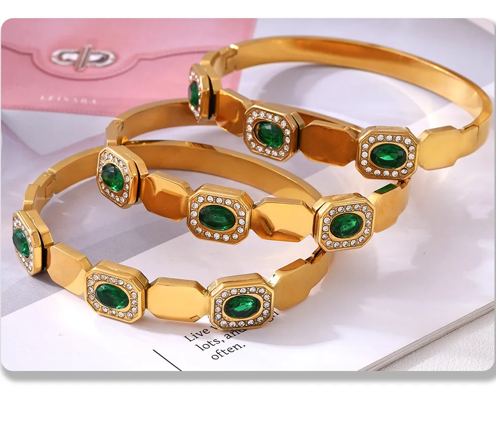 Trend iger Edelstahl Armreif für Frauen weiß Zirkon grün Glas Charm Armband Luxus Charme Schmuck Hochzeit Bankett Geschenk – Detail 5
