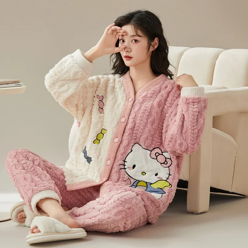 

Kawaii Anime HelloKitty Sanrio Plush Pajamas Cute Braided MyMelody Kuromi Cinnamoroll Home Bathrobe Winter Warm Set Girl Gift