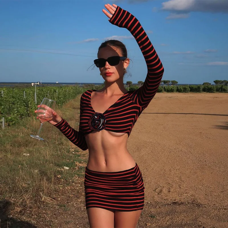 Autumn Striped 2 Piece-Set Skirt Women's Floral V-Neck Fashion Cropped Top And Sexy Skirt Outfits Tracksuit Female Sets