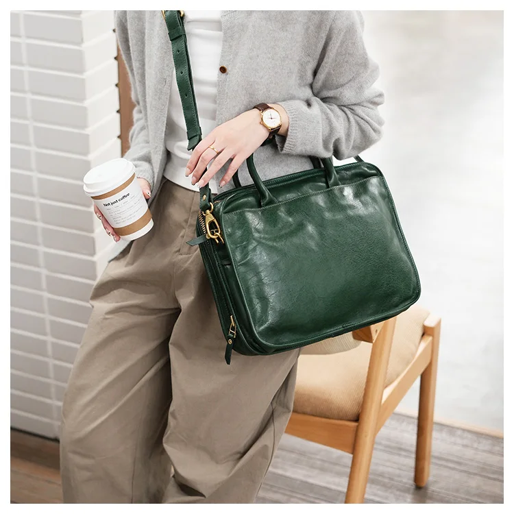 Vintage Luxus handgefertigte echtes Leder große Kapazität Damen Aktentasche Modedesigner Erste Schicht Rindsleder Laptop Handtasche – Detail 5