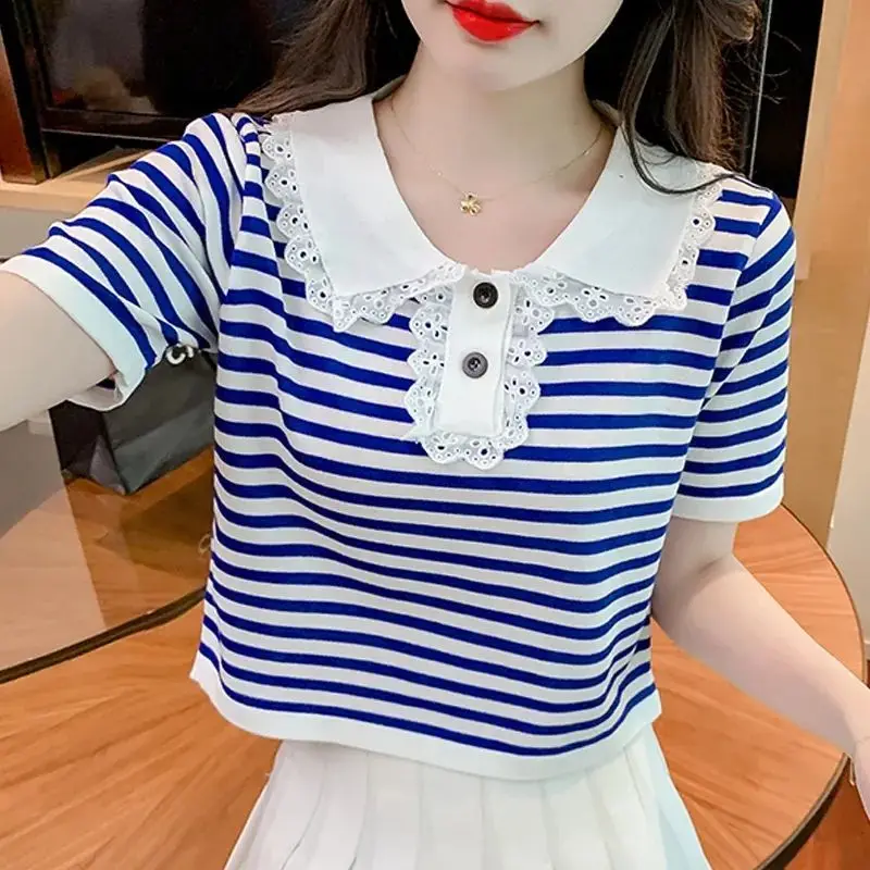 

Women's Clothing Summer Turn-down Collar Ruffles Patchwork Pullover Short Sleeve Striped Button Contrast Color T-shirt Tops