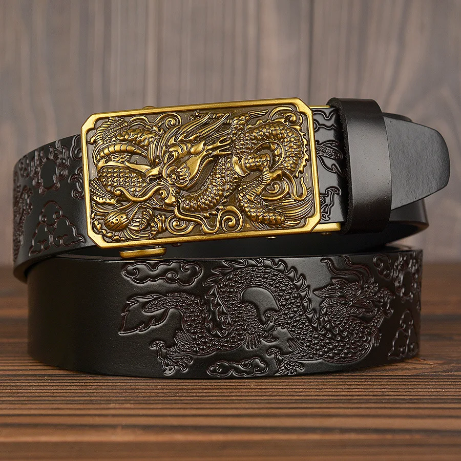 

genuine leather fashion Cowskin belts for men ceinture High Quality luxury Chinese dragon automatic buckle male belt