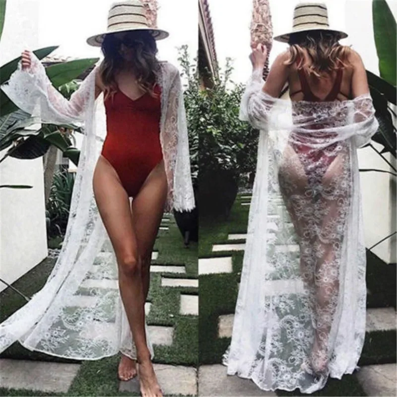 Sexy See-Through Night Dress for Women Hollow Lace Mesh Long Robes Summer Beach Cover-ups Cardigan Lingerie Sleepwear Nightwear women dress women sleepwear