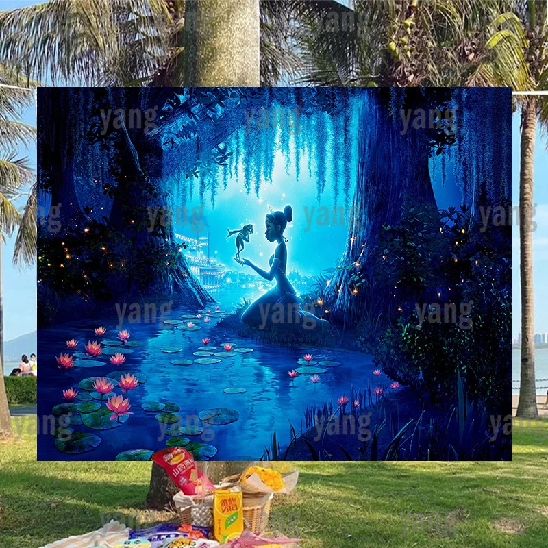Outdoor Forest Pond Lotus Princess And The Frog Tiana Fondale Cute Girls Happy Birthday Party Night Background Baby Shower