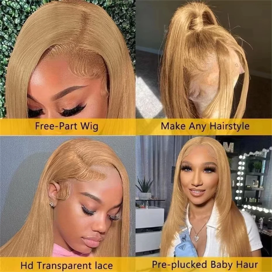 36 Inch 250% Density 27# Honey Blonde Highlight Bone Straight Human Hair Wigs 13x6 Ultra-Thin HD Lace Frontal Bleached Knots 3