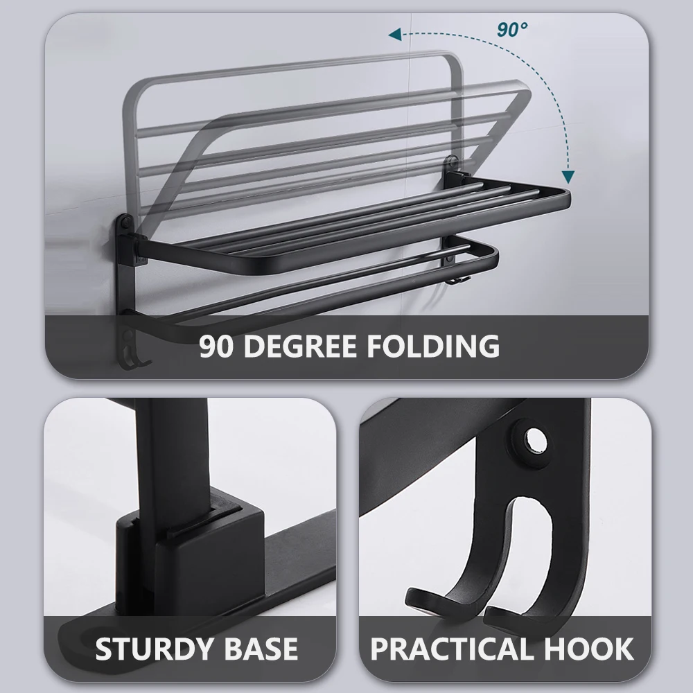 1PCS Black Towel Rack 40-50CM Movable Holder With Hook Wall Mount Shelf Aluminum Shower Bar Hanger Rail Bathroom Accessories