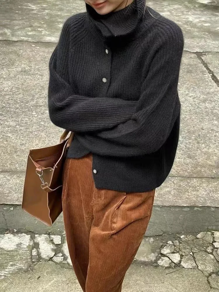 여성용 100 순모 니트 가디건, 하이넥 스웨터, 편안하고 짧은 코트, 긴팔 스웨터, 신상 핫 세일