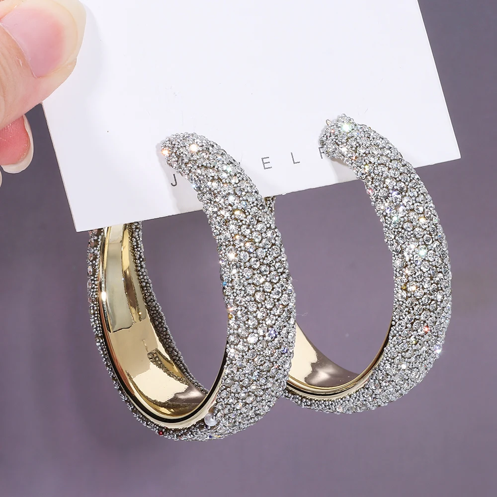 New Fashion Rhinestones Big Hoop Earrings Exaggerate Shiny Crystal Earrings Geometric Round Jewelry Gifts For Women Girls