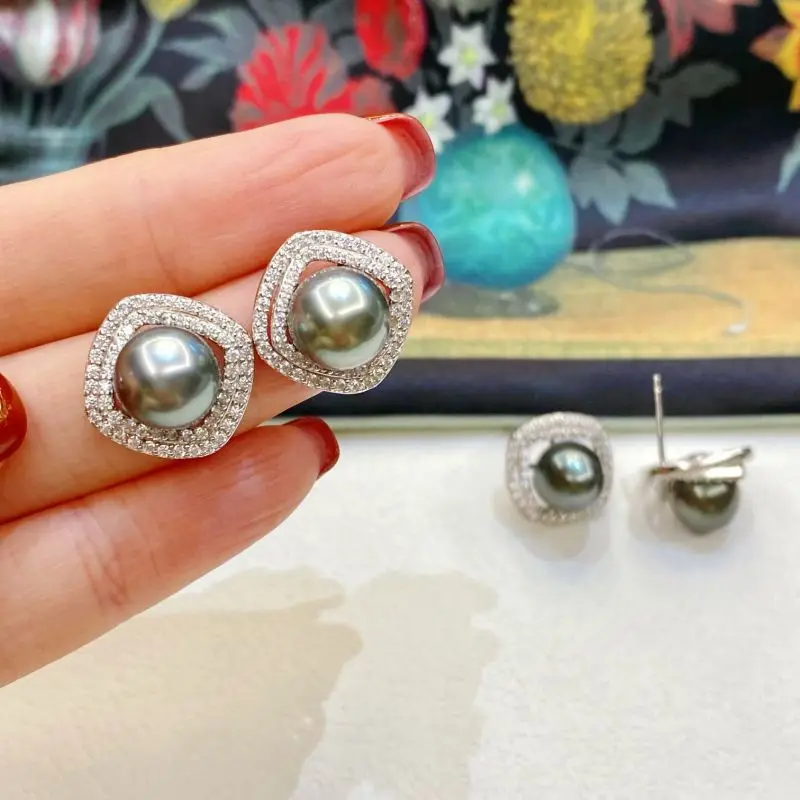 

HENGSHENG Simple 8-9mm Tahiti Black Pearls Stud Earrings Fine Round Pearl 925 Sterling Silver For Women Girls Party Jewelry Gift