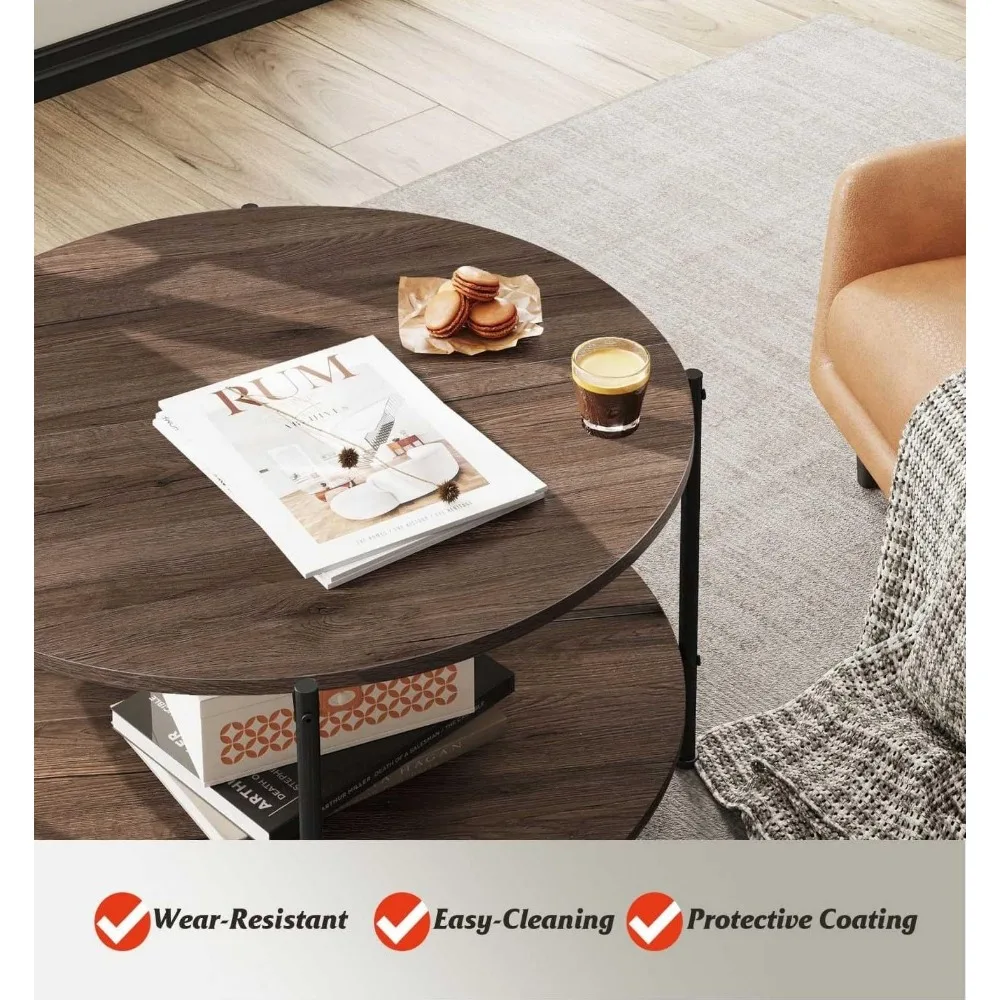 Round Coffee Table for Living Room, Small Coffee Table with Open Storage Shelf, 2-Tier Industrial Circle Wood Center Table 3