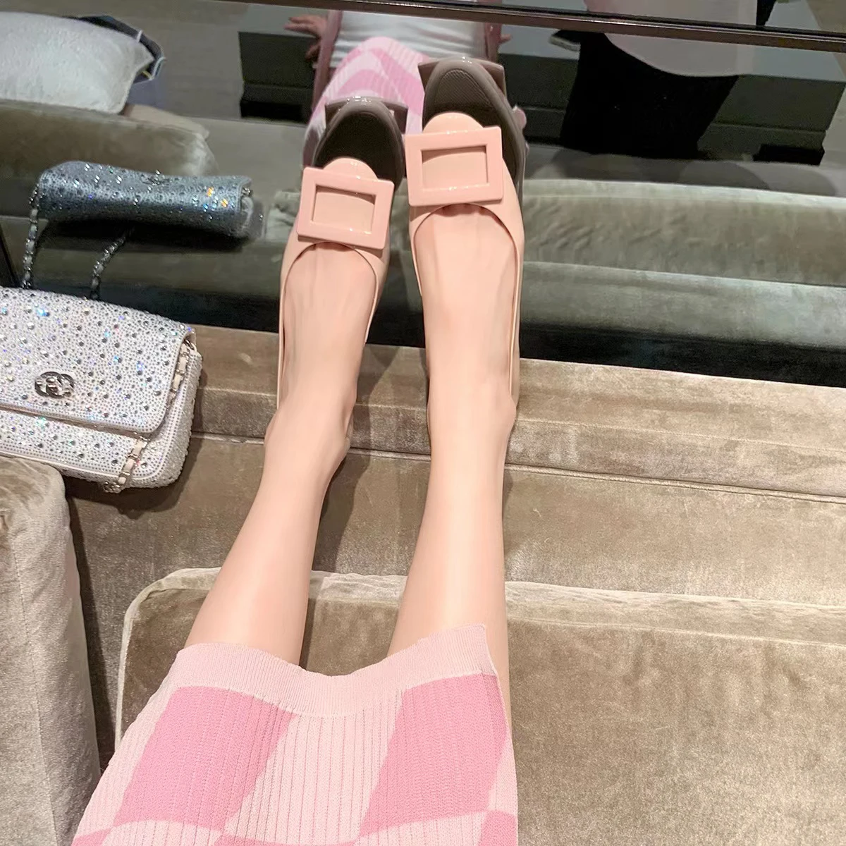 

Fashion Versatile Square Button Flat sole Single Shoes Round Toe Thick Heels Red Mary Jane Women's Shoes