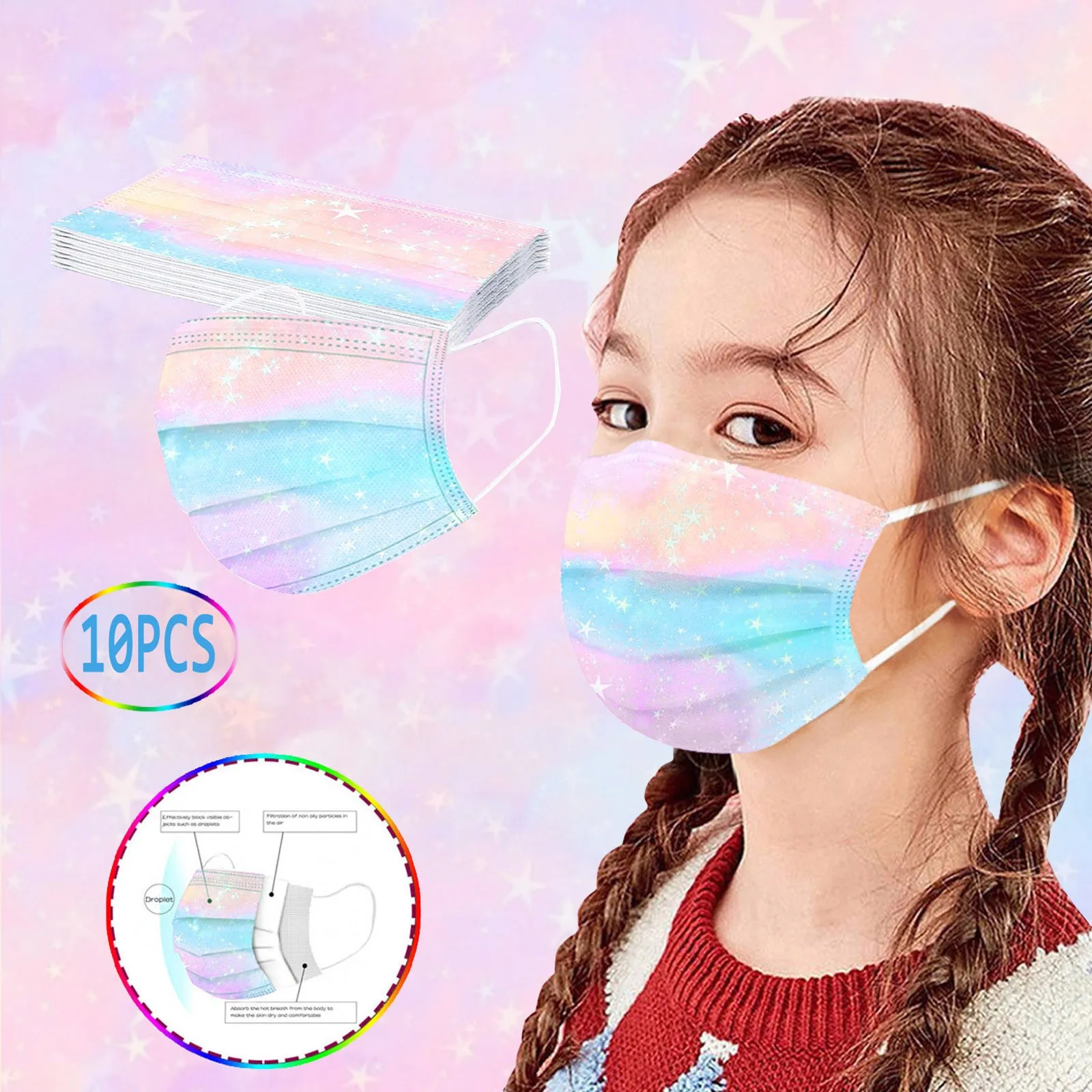 Children Tie-dye Gradient Printed Three-Layer Dust-Proof Disposable Mask 10PC
