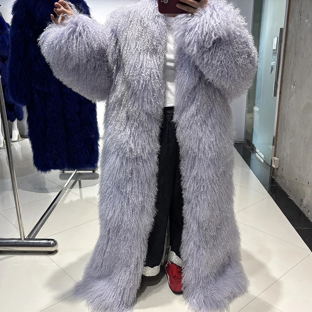 YOLOAgain 135-140cm Floor Length Mongolia Sheep Fur Coat Women Winter Warm Party Long Fur Coat Ladies Overcoat