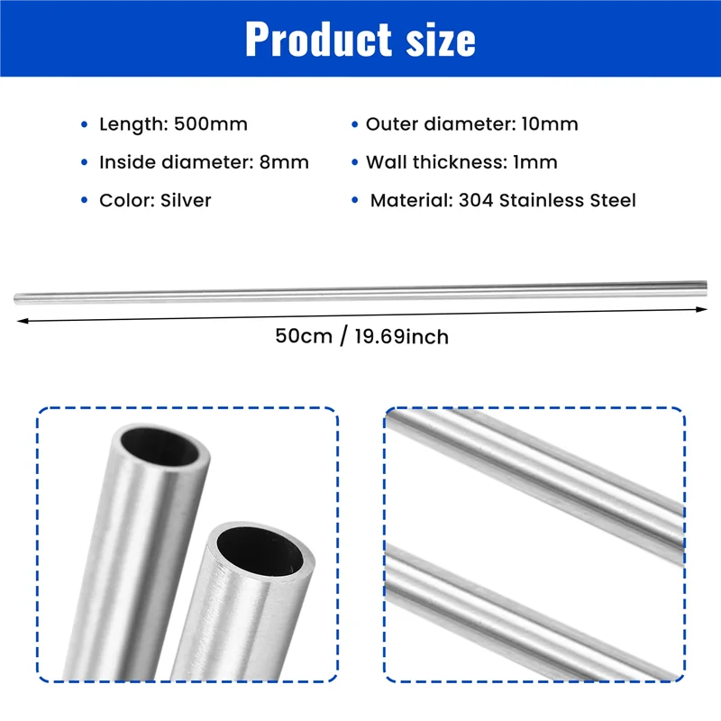 2개 304 스테인레스 스틸 모세관 튜브 파이프 OD 10Mm X 8Mm ID 길이 500Mm-AT64