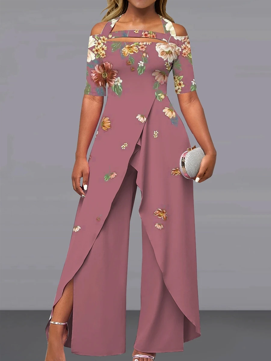 Women's Sexy Off Shoulder Jumpsuits Fashion Print Floral Rompers Elegant Short Sleeve Wide Leg Jumpsuit 2023 Custom Summer