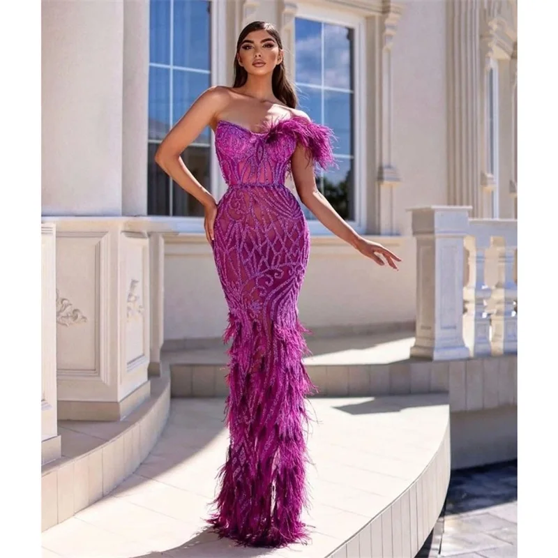 

Feather Purple Mermaid Prom Dress Appliques Lace Sweetheart Sleeveless Sexy Evening Dresses Special Occasions Gowns Custom Made