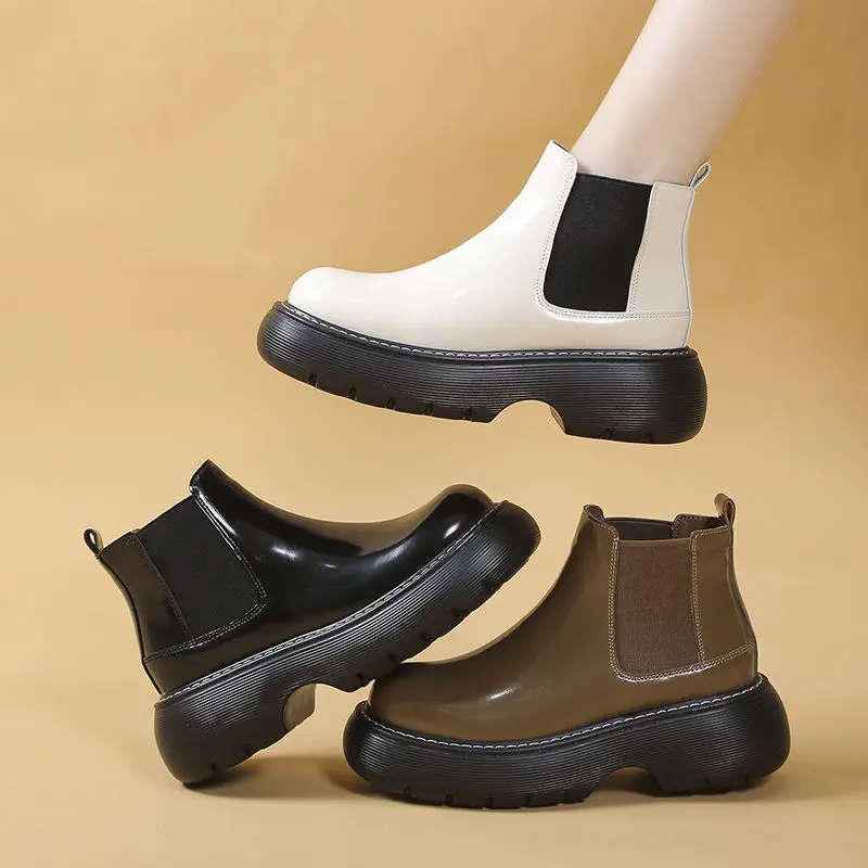 

Chelsea Patent Leather Ankle Boots Women 2023 Autumn New Motorcycle Booties Lady Waterproof Thick Bottom Non Slip Chimney Shoes