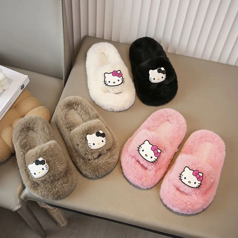 

Anime Cartoon Hello Kitty Plush Slippers for Girls Children's Home Shoes Thick-soled Cotton Kawaii Kids Winter Slipper Shoes