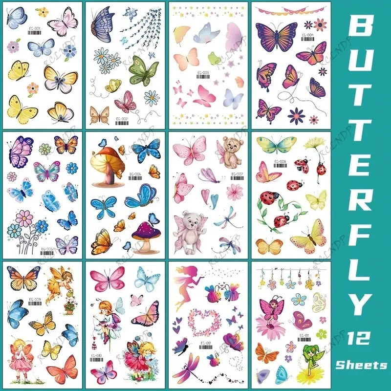 12pcs Waterproof Temporary Tattoo Sticker Butterfly flowers glitter Fake Tatto Flash Tatoo Tato for Girl Women Men