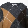 Easy Match Office Lady Round Neck Long Sleeves Argyle Contrast Color Print Short Women Pullover Knit Sweater ZATAF 2024 New 3