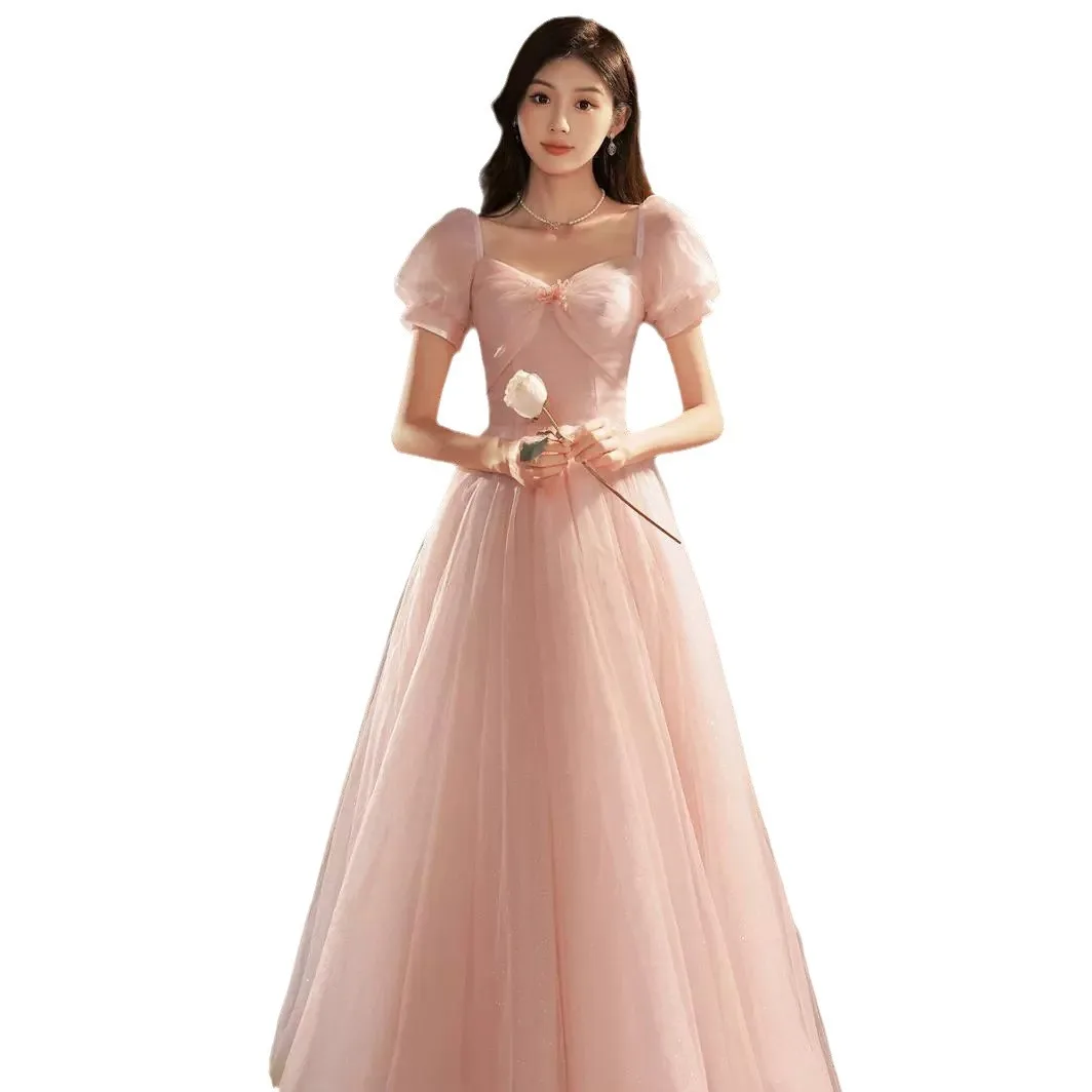 Pink Puff Sleeves Prom Dress French Square Collar Simple Quinceanera Dresses Elegant Tulle Long A-Line Graduation Party Vestido