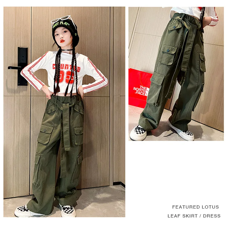 Teen Girls Cargo Pants with Belt Pockets Army Green High Wasit Straight  Trousers Spring Fall Kids Clothes