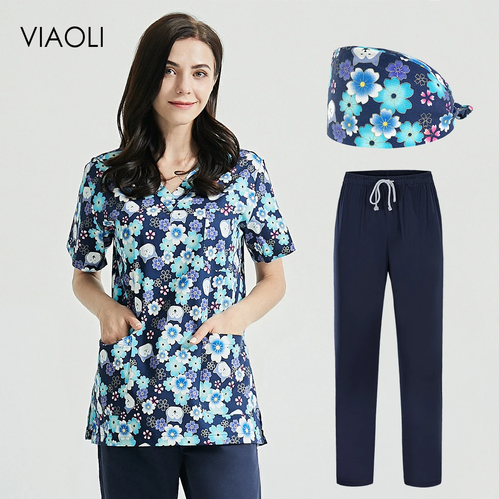 Multicolor Scrubs Tops Pockets V Neck Shirt for Women Short Sleeved Pet Grooming Uniforms Cartoon Printing Scrubs Uniforms