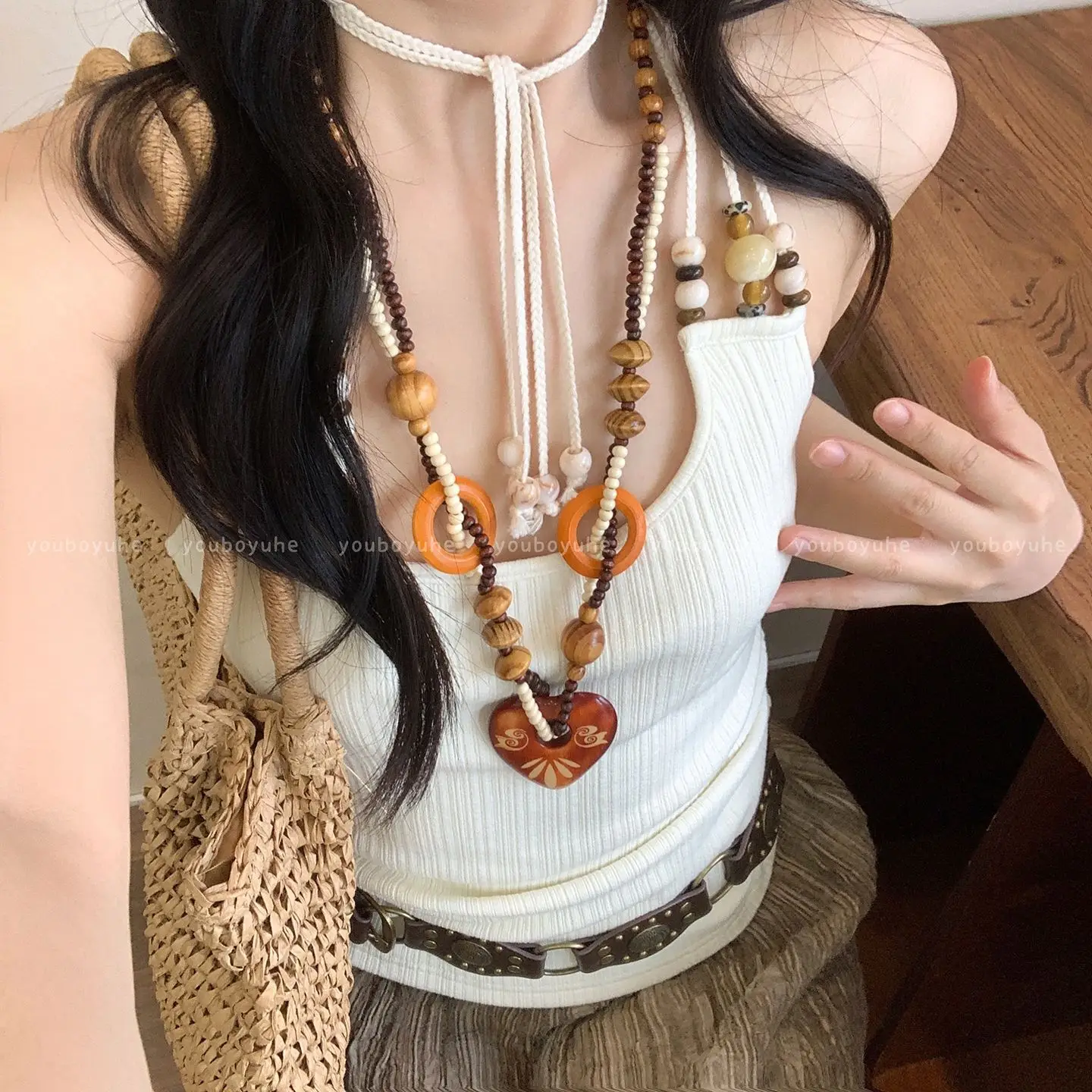 Bohemian Wooden Bead Necklace With Tassel Pendant | Layered Boho Jewelry For Women