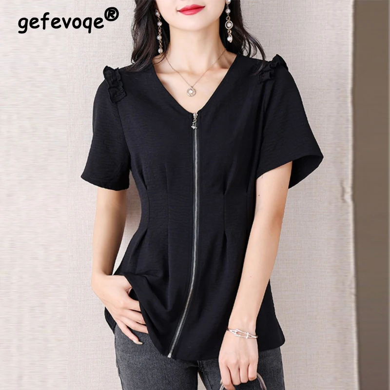 Women Ruffle Black White Chic Elegant Zipper Shirt Summer Korean Fashion V Neck Short Sleeve Slim Blouse Office Lady Casual Tops