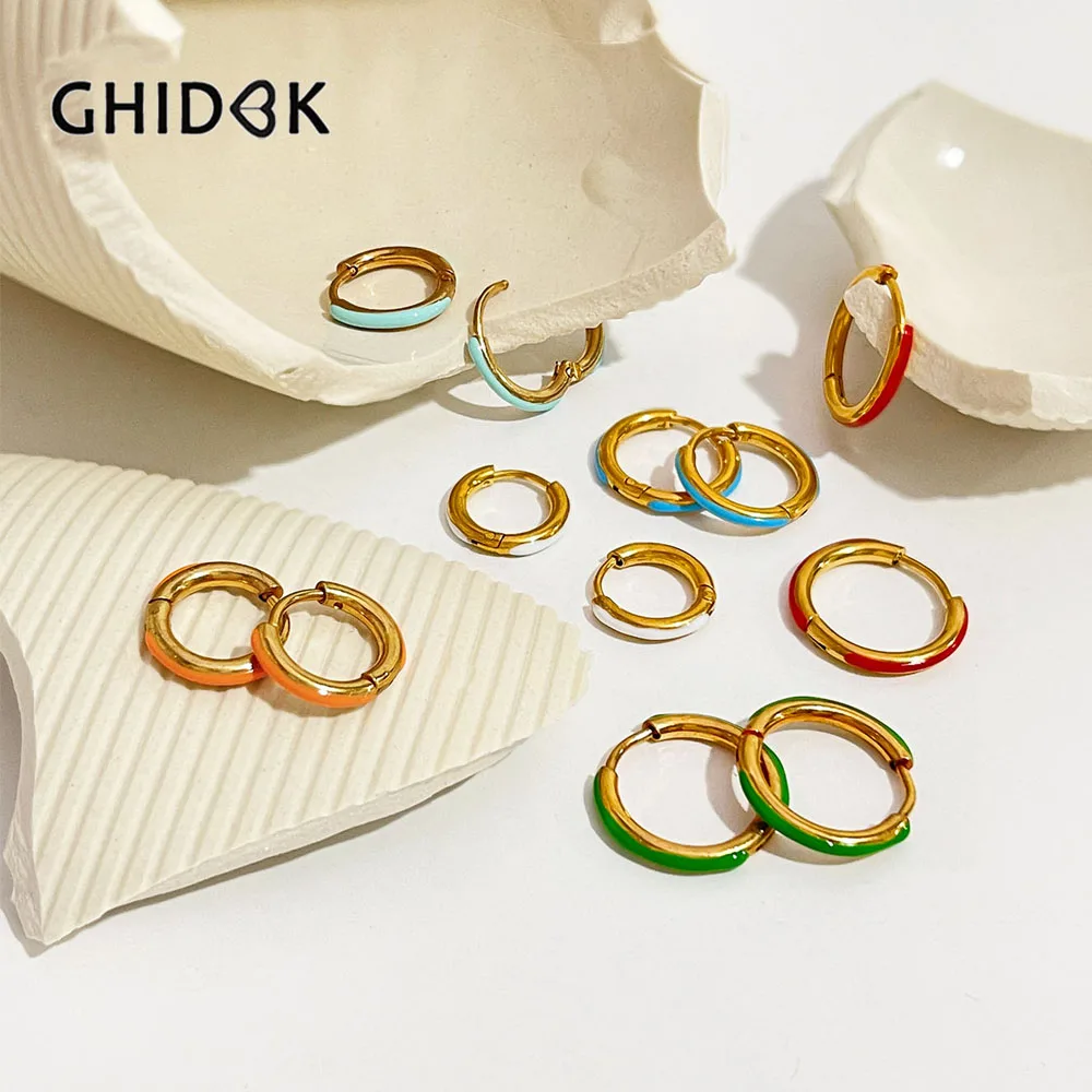 Ghidbk 3 Pairs/Lot Multicolor Gold Enamel Hoop Huggie Earrings for Women Simple Stainless Steel Summer Jewelry Tarnish Free