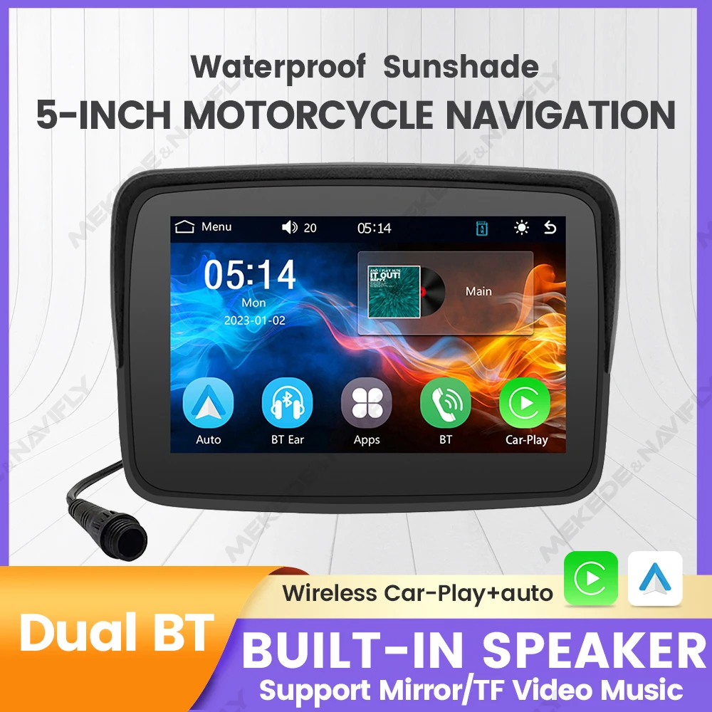 NaviFly 5Inch GPS Navigation Motorcycle CarPlay Display Screen Portable Motorcycle Wireless Android Auto Monitor IPX7 Waterproof