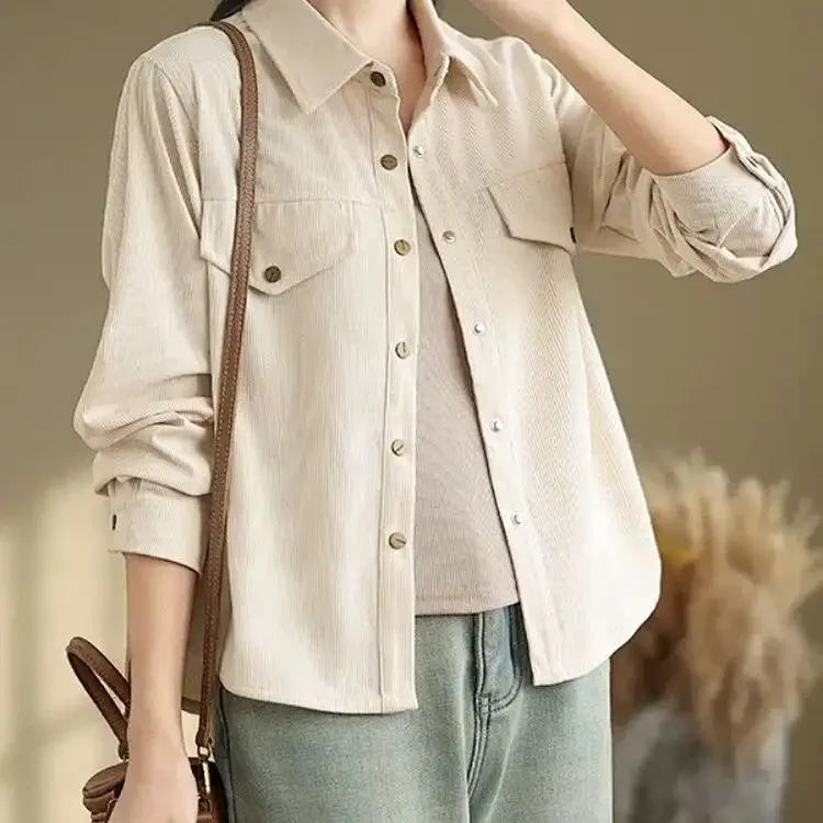 Women's Fashion Corduroy Long-Sleeve Casual Loose-Fit Versatile Blouse