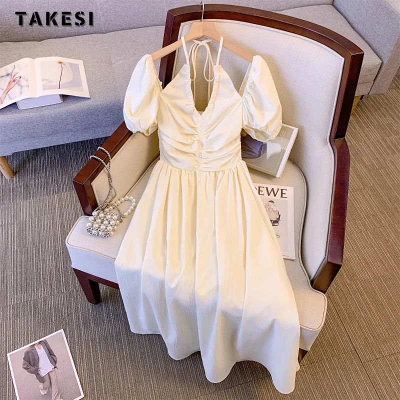 

Женское шифоновое платье с завышенной талией, однотонное плиссированное платье-трапеция с V-образным вырезом и коротким рукавом, на шнуровке, лето 2023