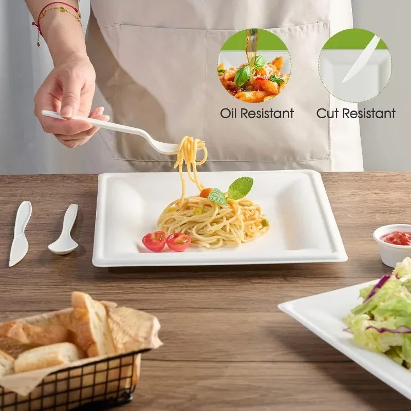 Square Paper Plates, 300 Pack Compostable Heavy Duty Biodegradable Paper Plates, Made from Sugarcane, Eco Friendly White