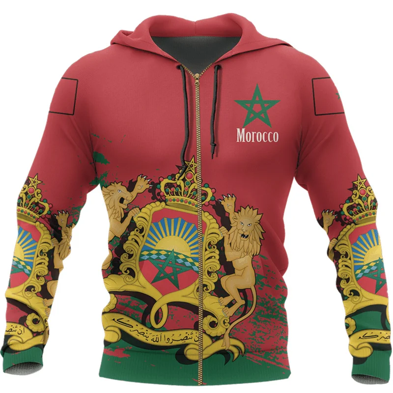 thumbnail image 1 of Sudadera con capucha y cremallera con estampado del emblema de Marruecos en 3D para hombre, tótem espiritual, bandera de Marruecos, sudadera con capucha con cremallera, ropa Harajuku Y2k, 1 of 5