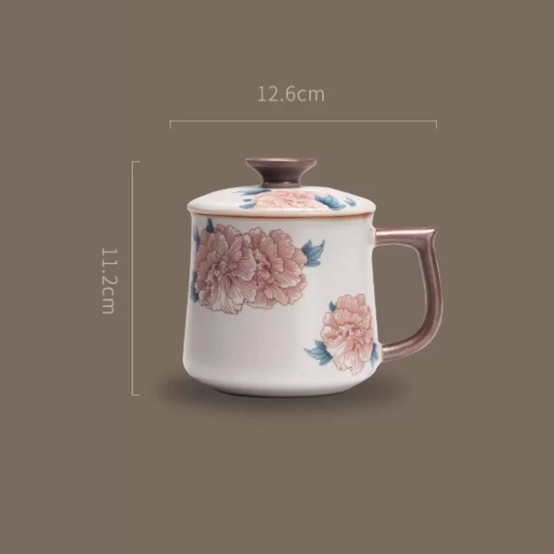 Chinese Style Ceramic Hand Drawn Flower Patterns Tea Mugs, Home Personal Creative With Cover, Milk Water Coffee Cup, 330 ml, 1Pc