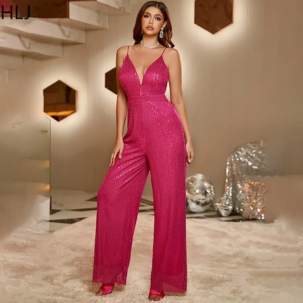 HLJ Sexy Deep V Backless Sequin Suspenders Jumpsuits Fashion Thin Strap Sleeveless Wide Leg Pants Playsuits Female Party Overall