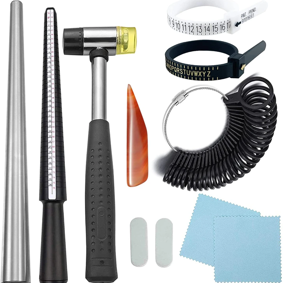 

11 Pieces of American and British Ring Mandrel Sets, Size 1-13 with Half Ring Size Measuring Instrument, Jewelry Hammer