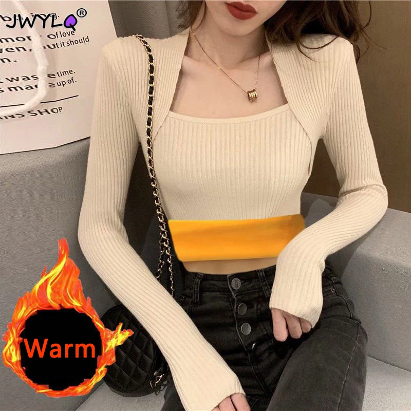 

Autumn Winter Solid Color Square Shawl Neckline Knitted Sexy Pull Sweaters Women Shoulder Long Sleeve Top Femme Pullover 2023