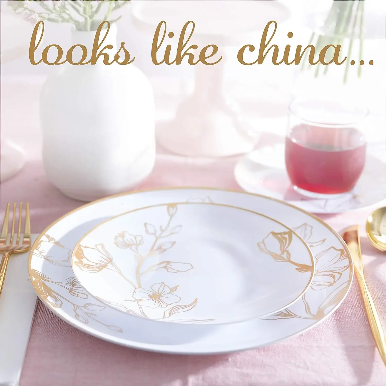 64 Piece Combo Plates Set includes 32 7'' inch Plates&32 10'' inch Plates White Plastic Floral Design Party With Gold Rim