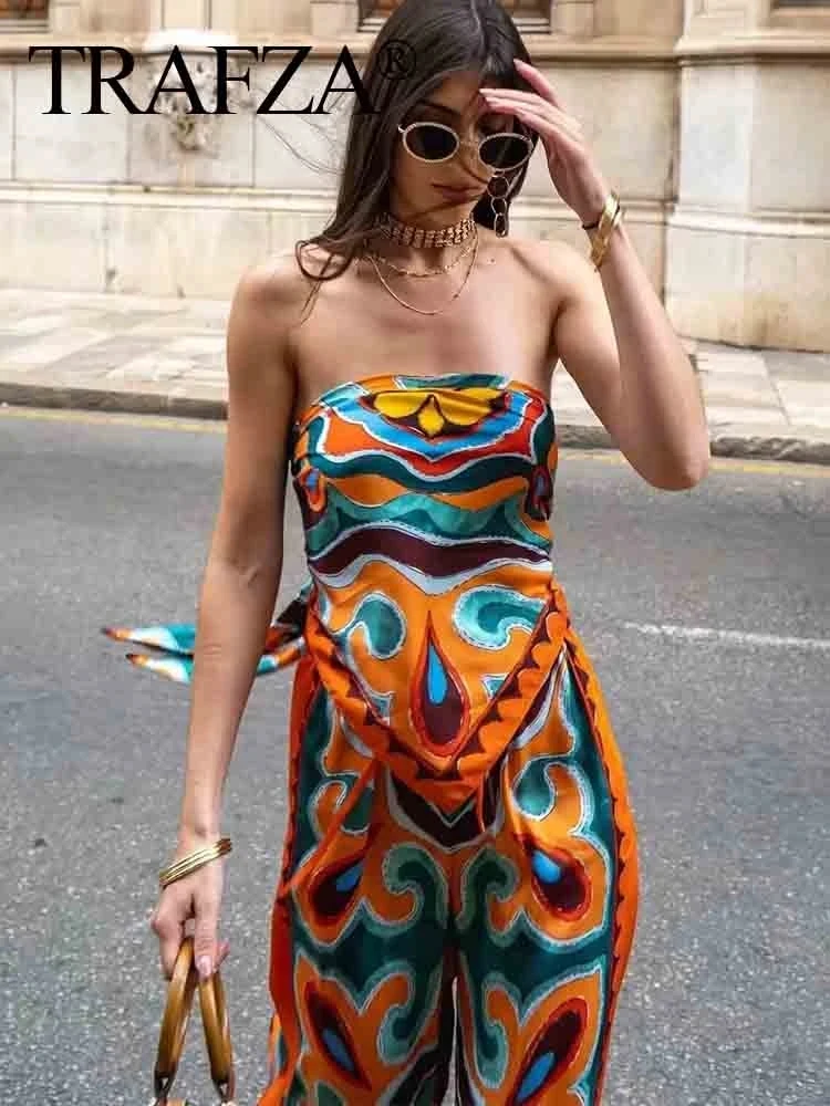 HH Women Pants Set Vintage Print Back Bow Tie Strapless Bustier Tops + Drawstring Trousers Female Chic Streetwear Pant Suits