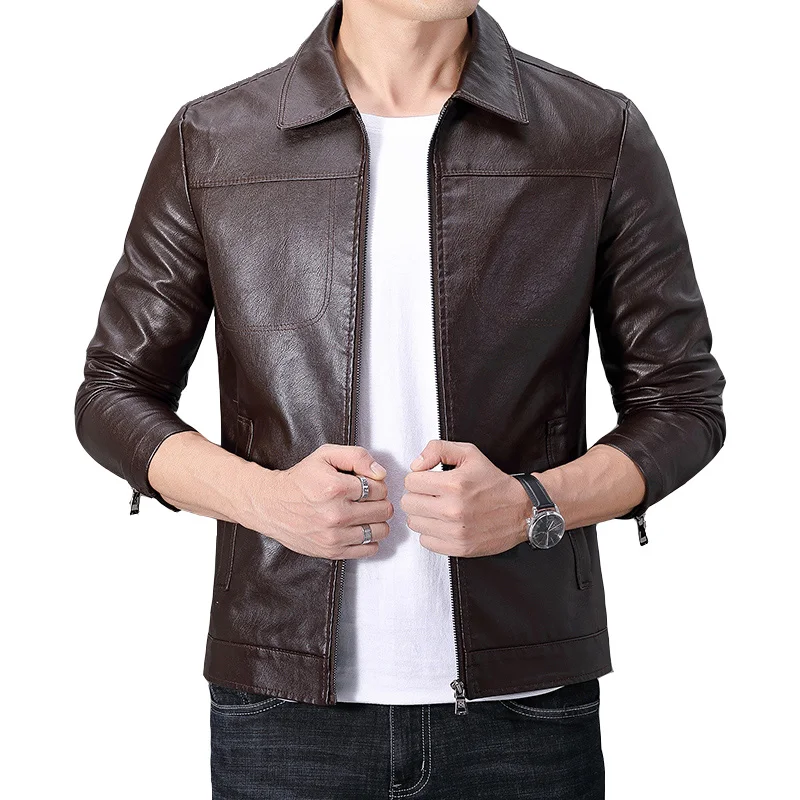 

2021 men's leather jacket simple Lapel zipper Solid color Slim fitting artificial leather coat / business leisure Pu coat brand
