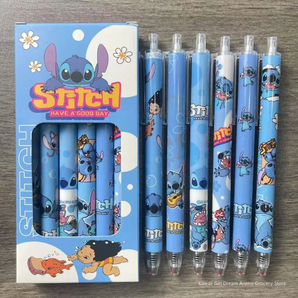 Disney Stitch 6Pcs Needle Type Gel Pens Straight Liquid Ballpoint Pen Stationery School Office Supplies Writing