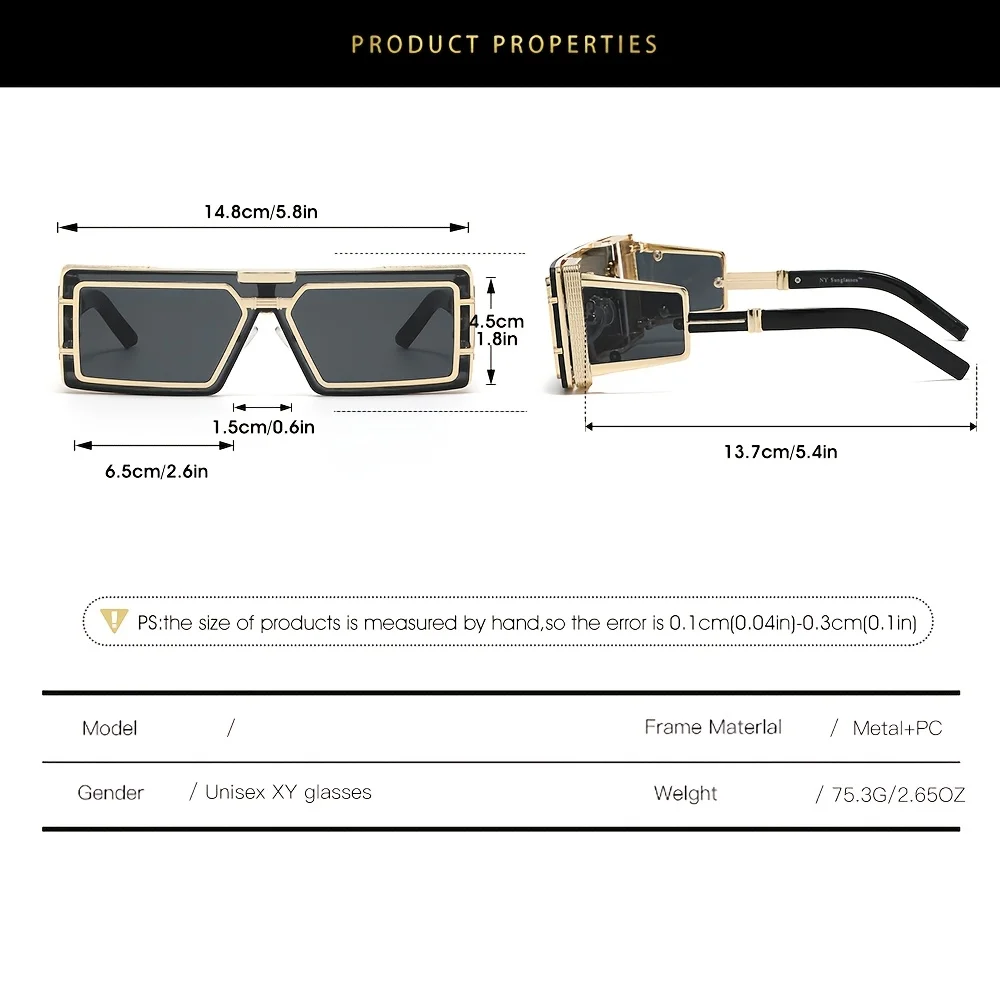 Metal square sunglasses showing gradient and anti-reflective features.